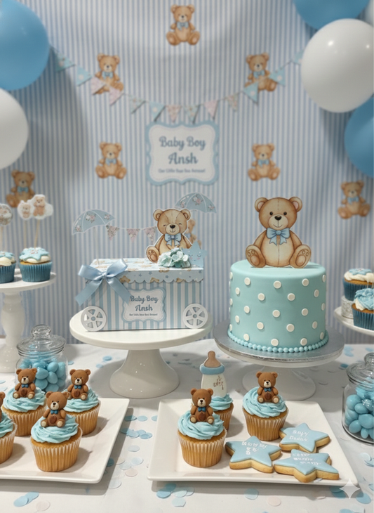 Personalized Teddy Bear Baby Shower Favor Box - "Our Little Bear" 3D Carriage Treat Box with Custom Name