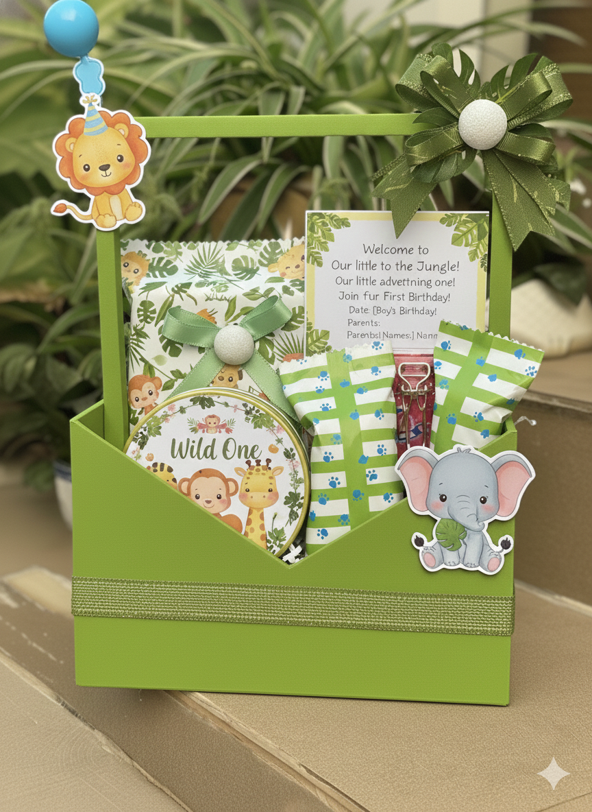 "Wild One" Jungle Safari 1st Birthday Gift Hamper – Personalised Party Favor Box