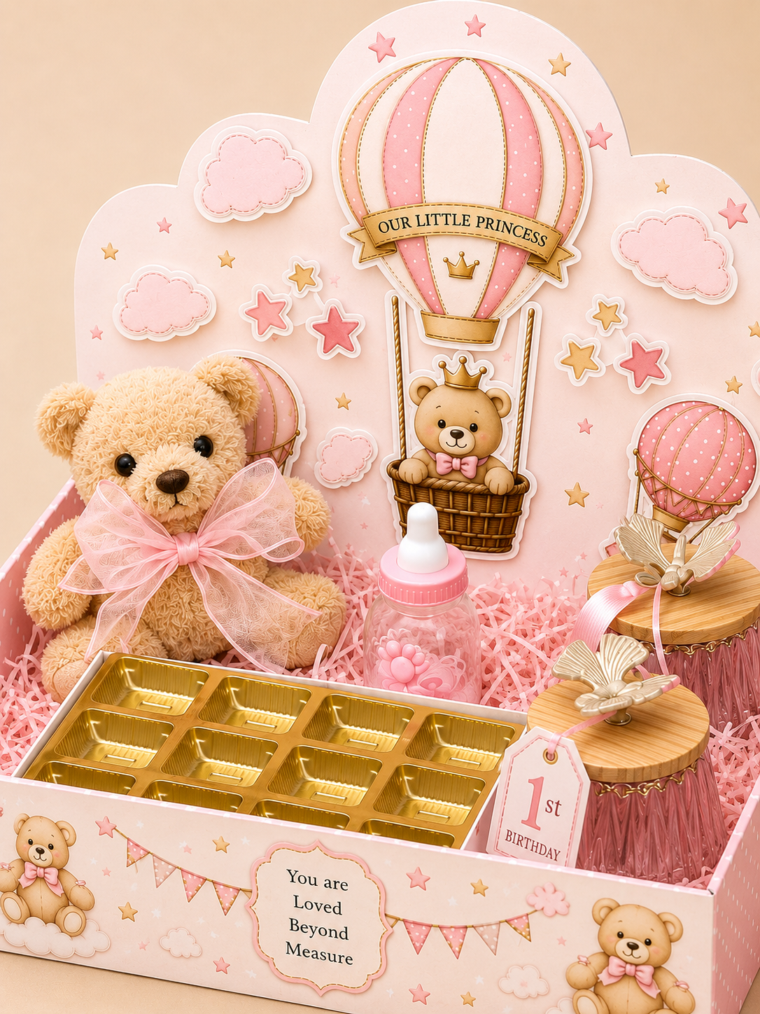 Luxury Teddy Bear Baby Boy/girl Gift Hamper with Hot Air Balloon Theme – 1st Birthday Return Gift Basket