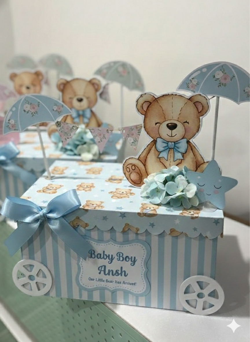 Personalized Teddy Bear Baby Shower Favor Box - "Our Little Bear" 3D Carriage Treat Box with Custom Name