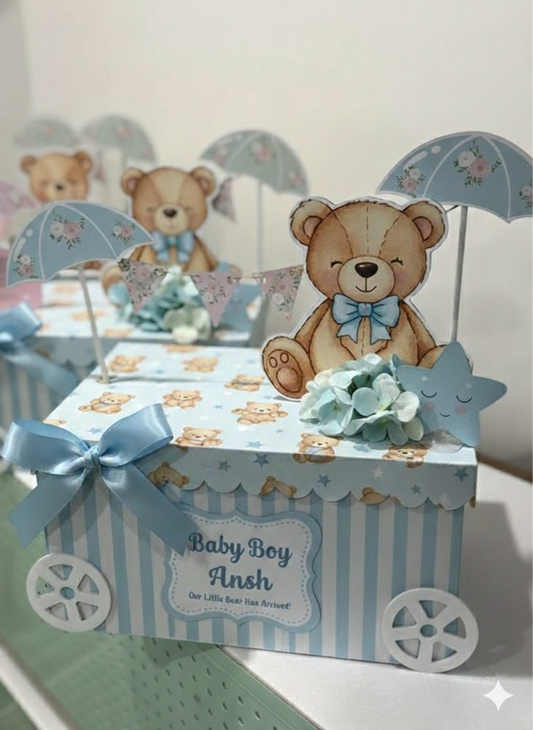 Personalized Teddy Bear Baby Shower Favor Box - "Our Little Bear" 3D Carriage Treat Box with Custom Name