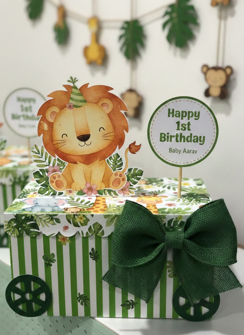 Personalized Jungle Safari 1st Birthday Favor Box - "Wild One" Theme Treat Box with Custom Name & 3D Accents