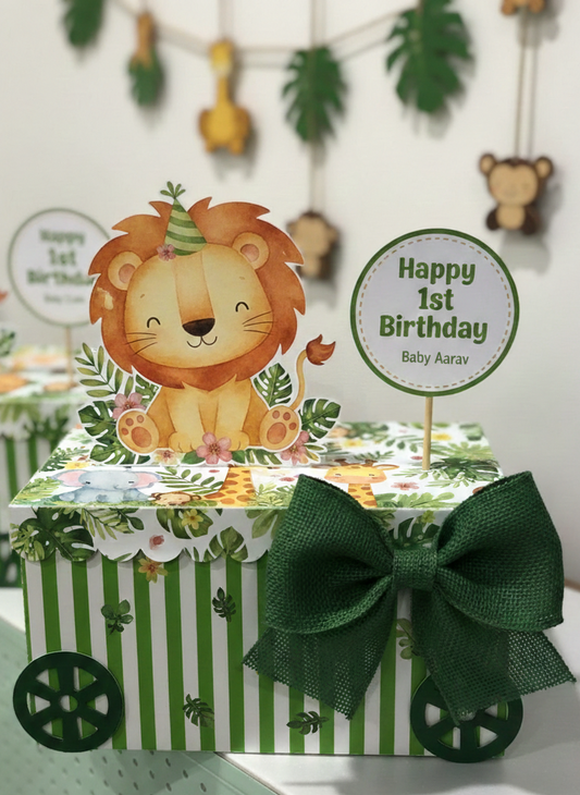 Personalized Jungle Safari 1st Birthday Favor Box - "Wild One" Theme Treat Box with Custom Name & 3D Accents