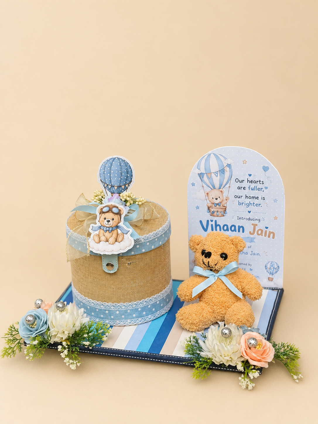 Personalized Baby Boy Teddy Gift Hamper with Hot Air Balloon Theme | Newborn Announcement Keepsake