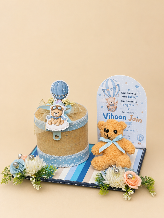 Personalized Baby Boy Teddy Gift Hamper with Hot Air Balloon Theme | Newborn Announcement Keepsake