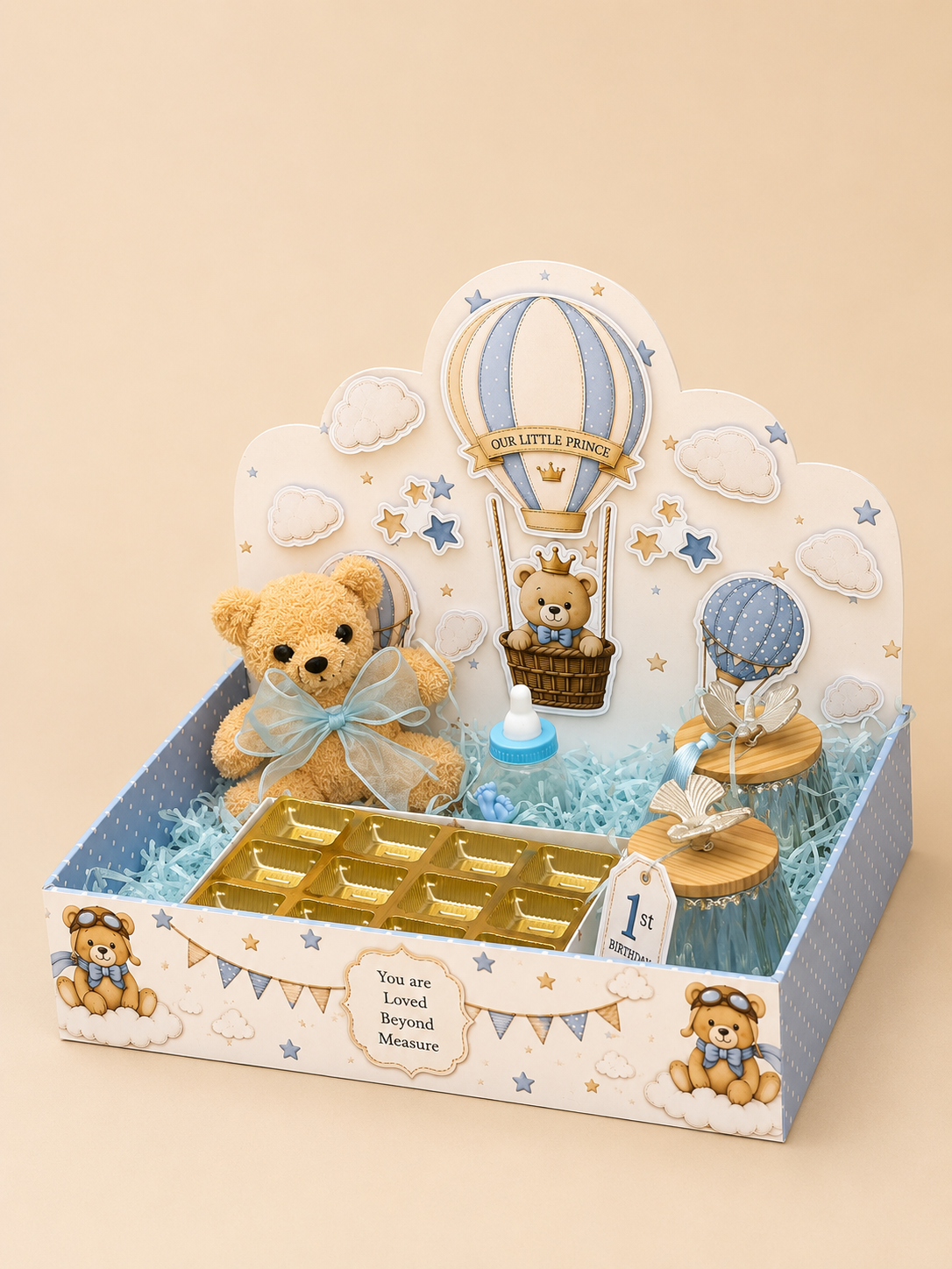 Luxury Teddy Bear Baby Boy/girl Gift Hamper with Hot Air Balloon Theme – 1st Birthday Return Gift Basket