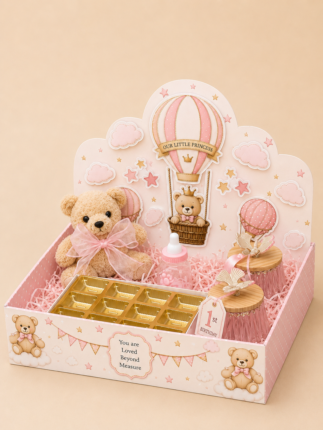 Luxury Teddy Bear Baby Boy/girl Gift Hamper with Hot Air Balloon Theme – 1st Birthday Return Gift Basket
