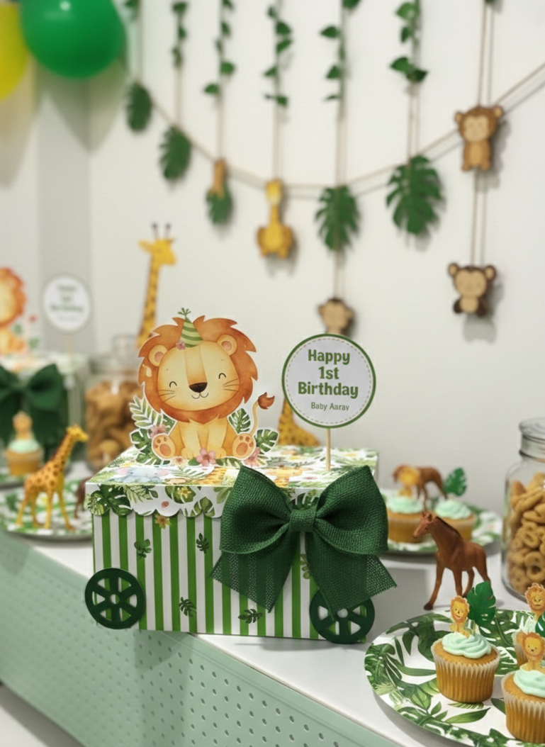 Personalized Jungle Safari 1st Birthday Favor Box - "Wild One" Theme Treat Box with Custom Name & 3D Accents
